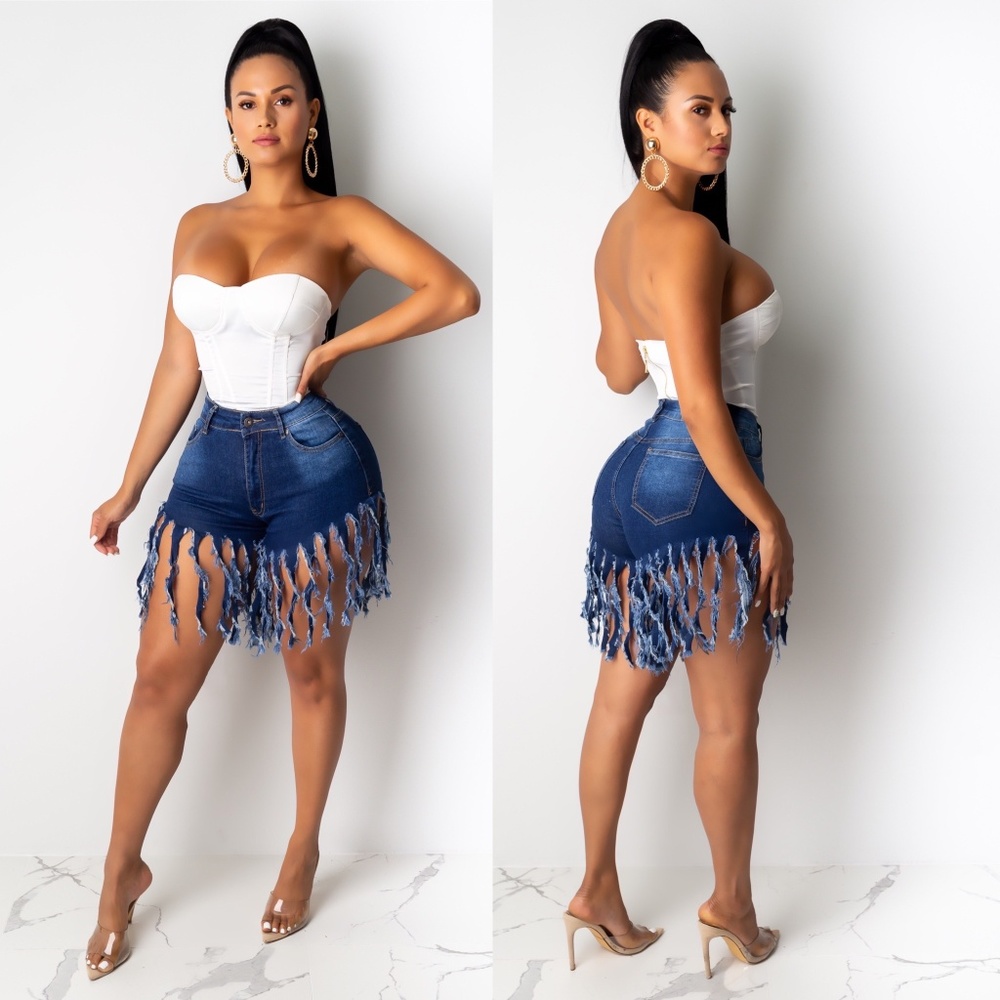 COPY - Medium Denim Bike Distressed Fringe Shorts